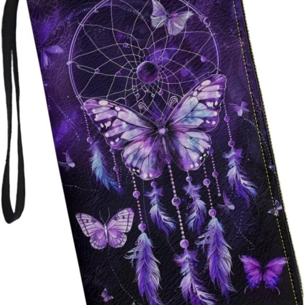 Women Long Zipper Wallet Large Capacity PU Leather Purse Butterfly Feather Fashi